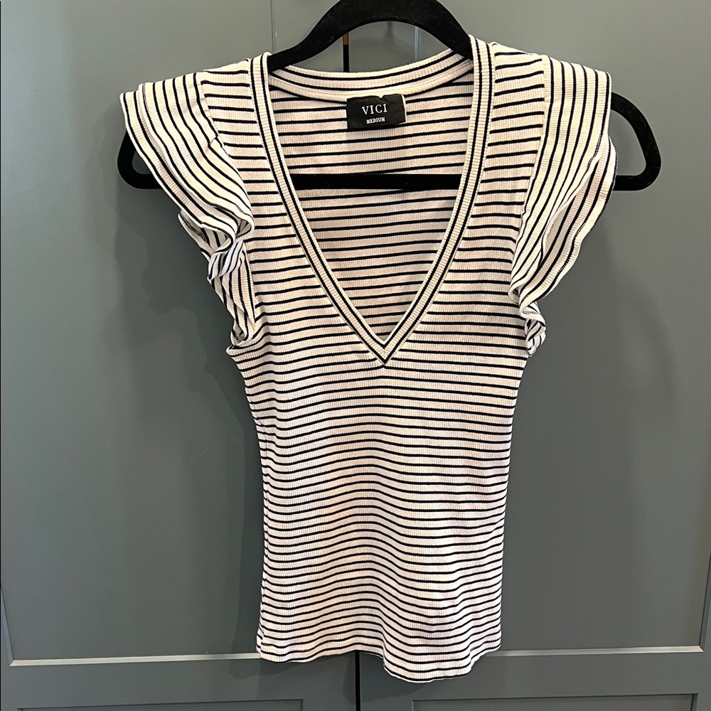 VICI Wilma Navy & White Striped Ribbed Short Sleeve Top